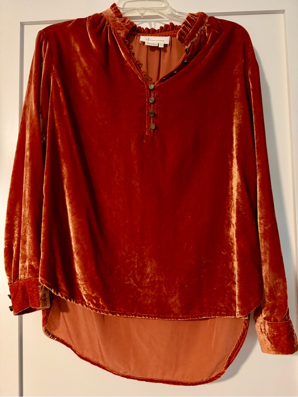 Anthropologie Kristianne Velvet Blouse Ruffle Henley Rust Orange - Size Small - Picture 1 of 4